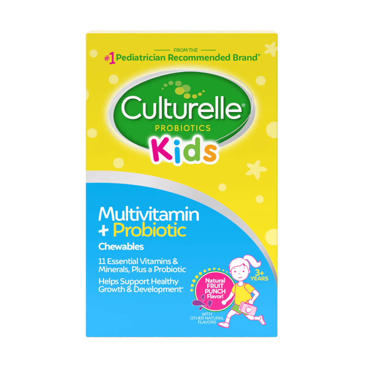 Yellow and blue box with cartoon child illustration, kids multivitamin plus probiotic chewables, fruit punch flavor, supports growth and development.