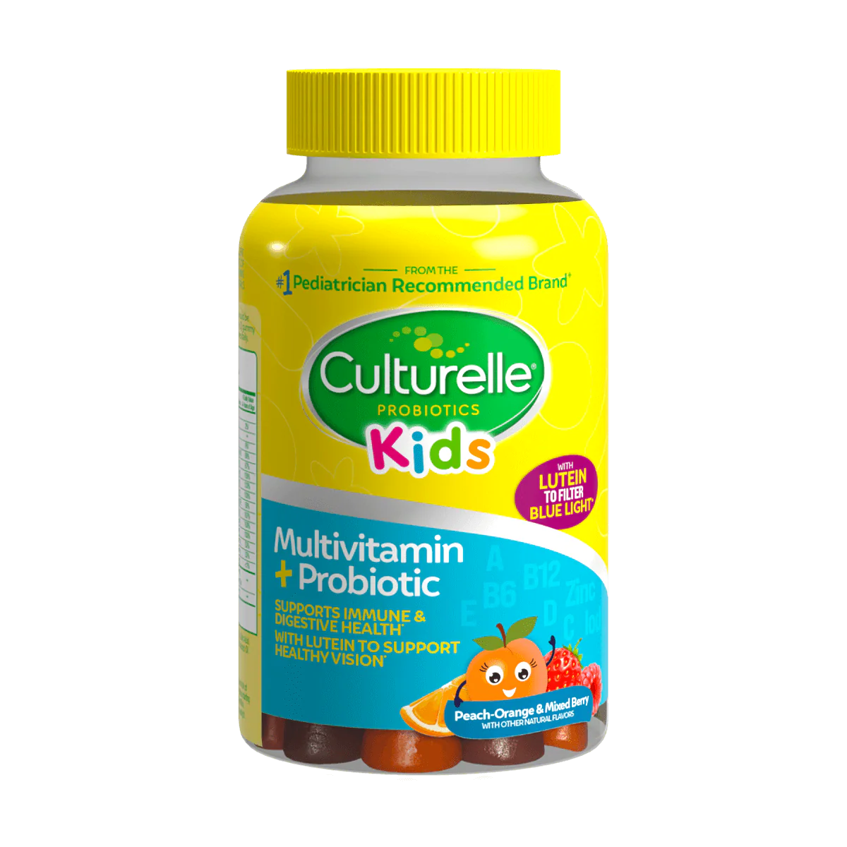 Yellow bottle with yellow cap, blue and green label with fruit illustrations, kids multivitamin plus probiotic gummies, peach-orange & mixed berry flavor.