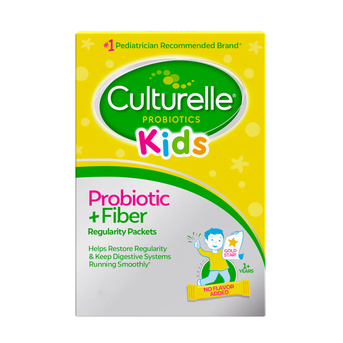 Yellow and white box with cartoon child, probiotic plus fiber packets for digestive regularity and smooth digestion, no flavor added.