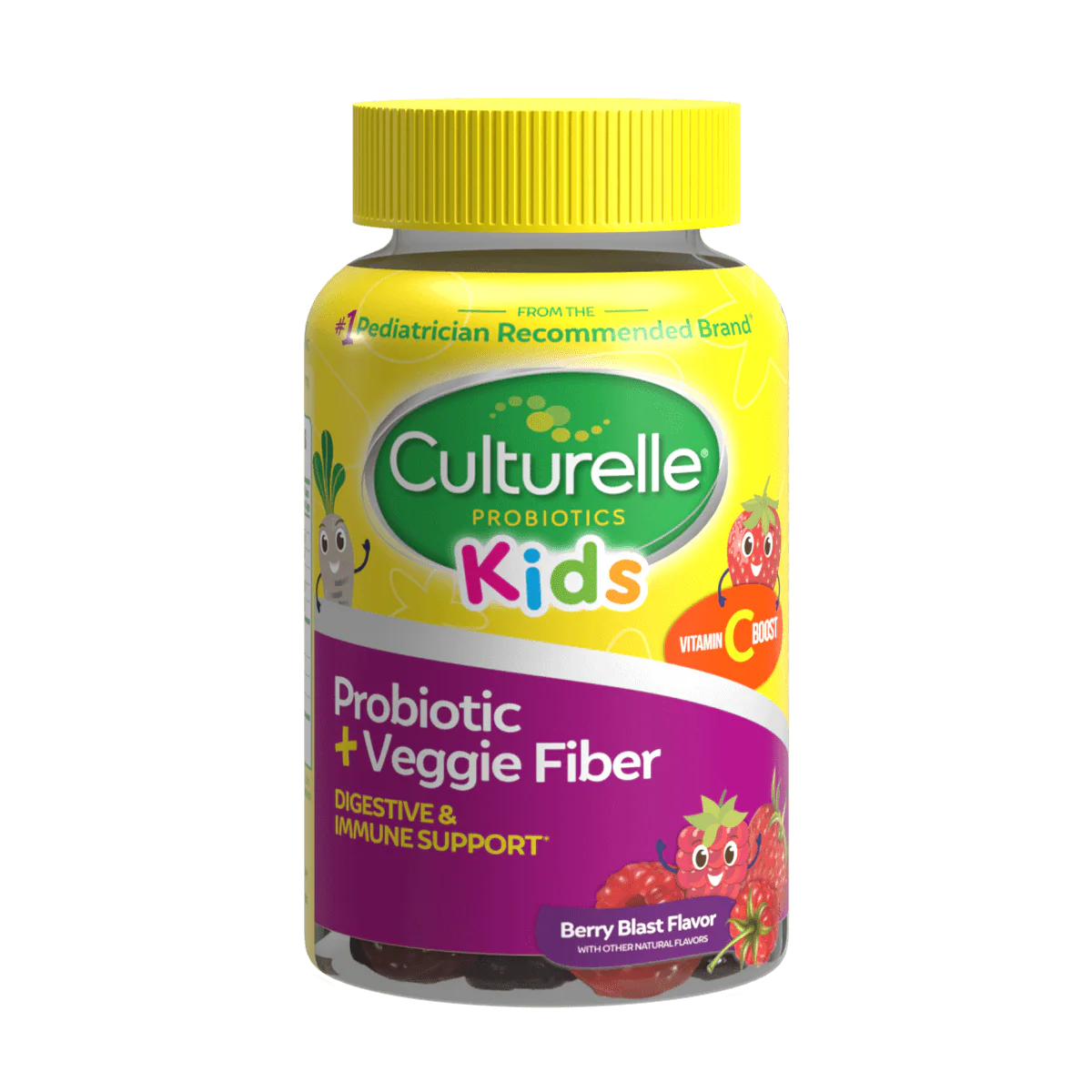 Yellow bottle with yellow cap, purple and yellow label with strawberry and veggie cartoon, probiotic plus fiber gummies for digestive and immune support.