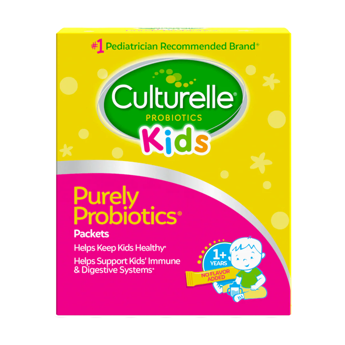 Yellow and pink box with child cartoon, kids purely probiotics packets for immune and digestive support, no flavor added, 1+ years.