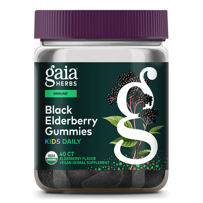 Gaia Kids Black Elderberry Gummies, organic immune-support elderberry gummies made from real fruit, 40 vegan gummies.