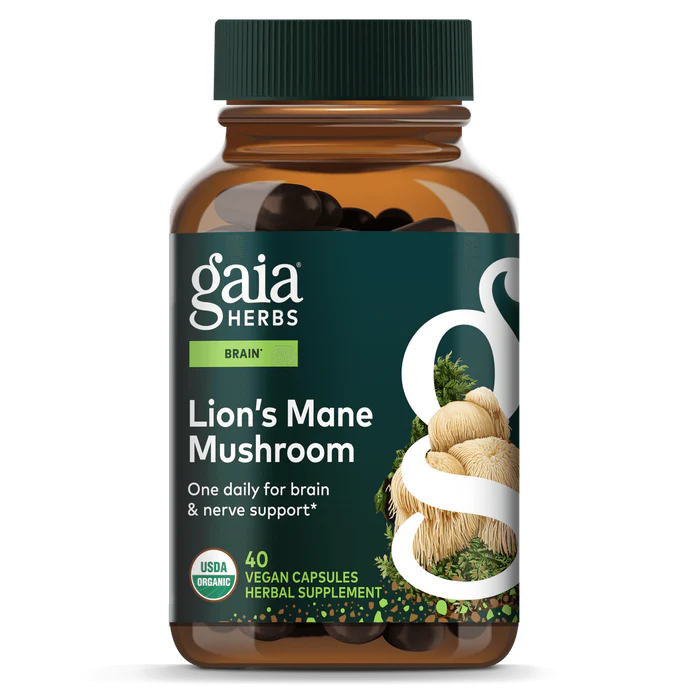 Gaia Herbs Lion’s Mane Mushroom, supports brain and nerve function with organic lion’s mane extract, 120 vegan capsules.
