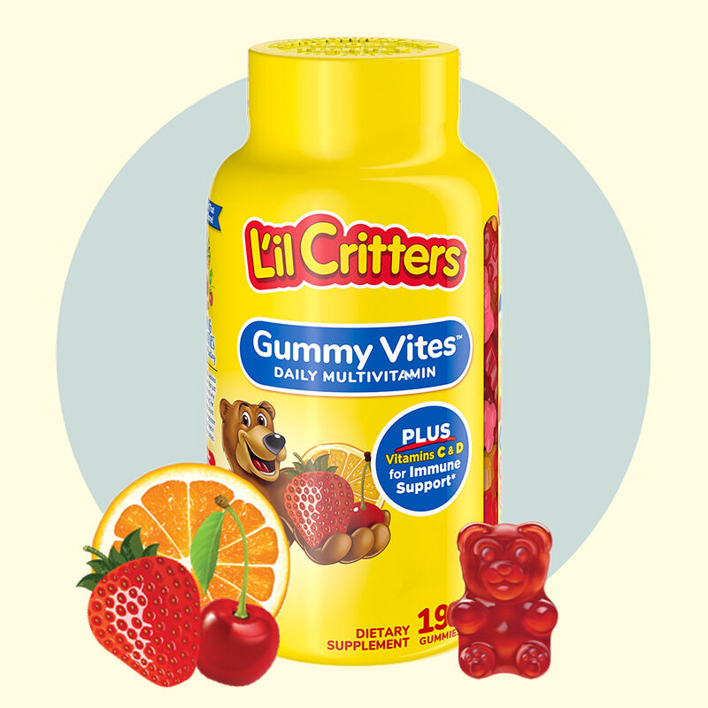 L’il Critters Gummy Vites – Yellow bottle with yellow cap, blue label, bear and fruit illustrations, immune support C & D text, 190 gummies.