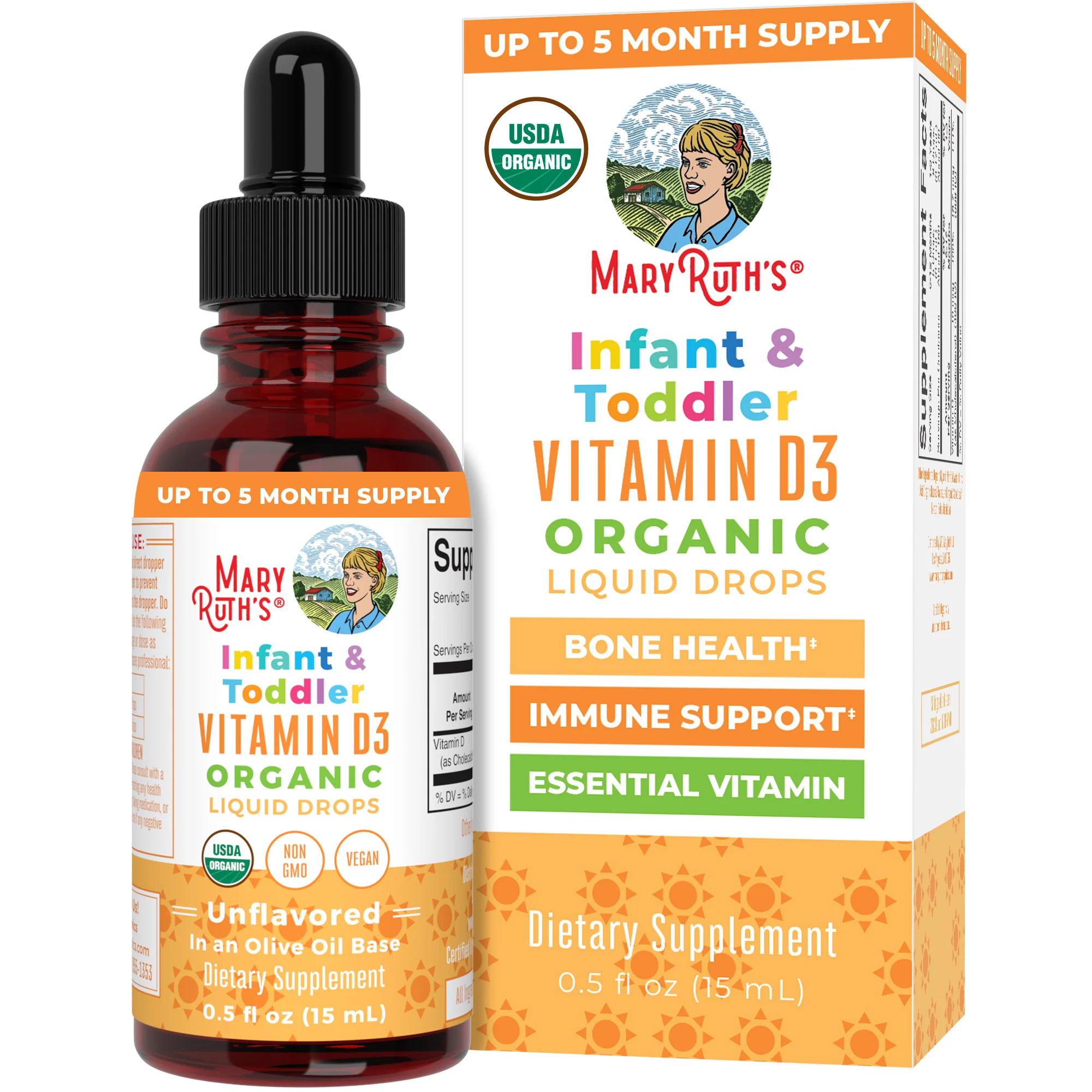 MaryRuth’s Infant & Toddler Vitamin D3 Organic Drops – Amber bottle with black dropper, colorful text label, organic icons, 0.5 fl oz drops.