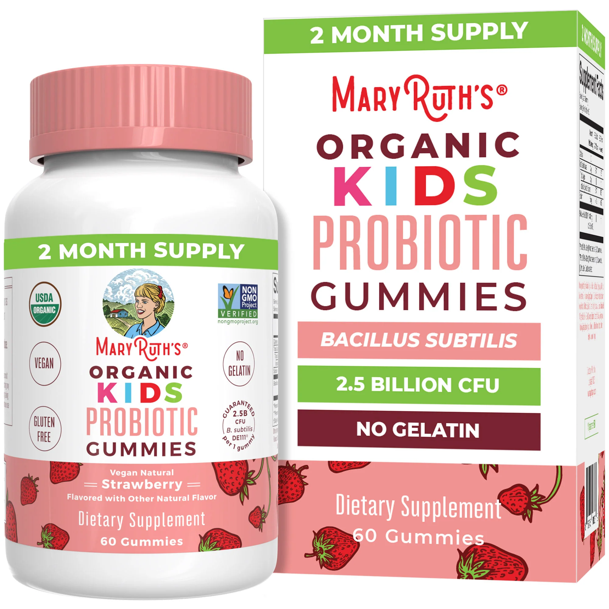 White bottle with red cap, pink and green label with strawberry illustrations, kids probiotic pectin-based gummies, organic and vegan, 60 gummies.