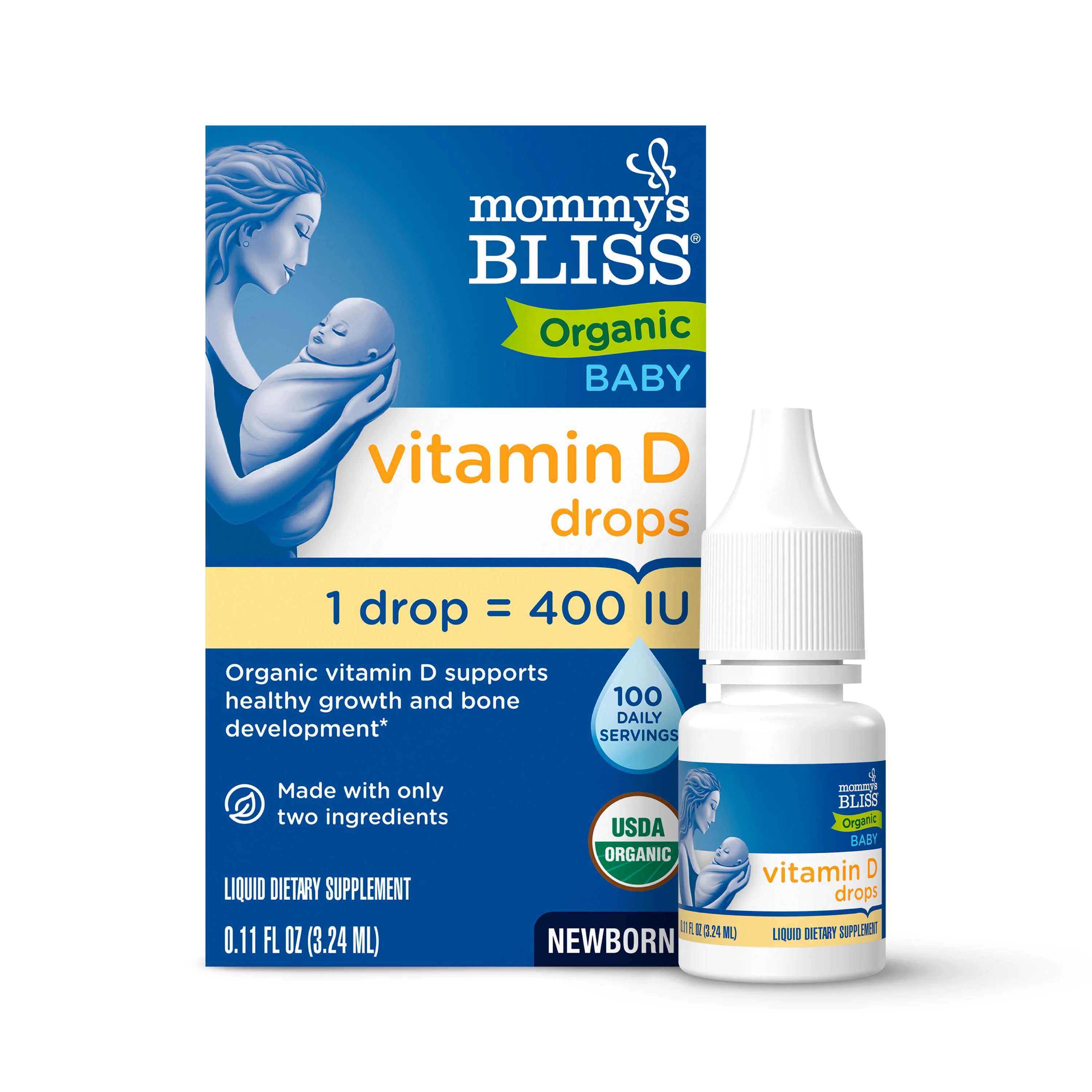 Mommy’s Bliss Organic Baby Vitamin D Drops – Blue and white box with mother-baby illustration, organic icons, liquid vitamin D drops, 0.11 fl oz.