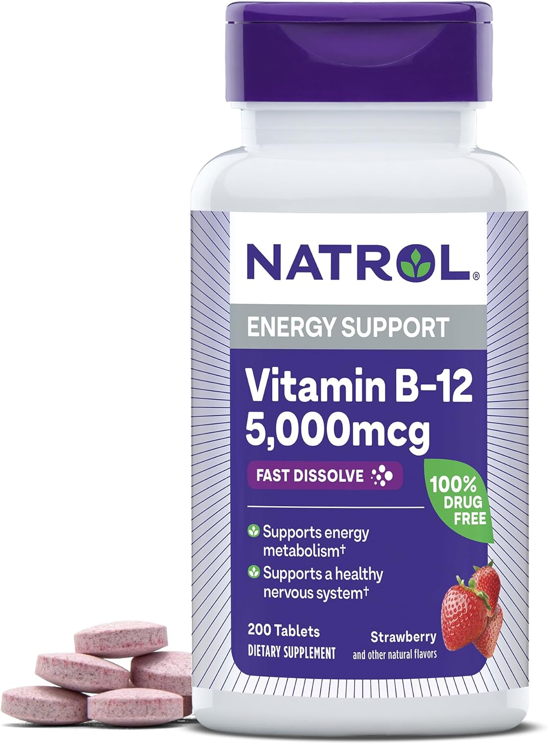 Natrol Vitamin B-12 5,000mcg – White bottle with purple cap, purple and silver label, strawberry illustration, fast dissolve energy claims, 100 tablets.
