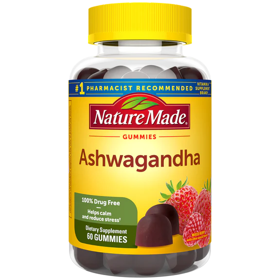 Nature Made Ashwagandha Gummies, 100% drug-free stress relief with mixed berry flavor, 60 gummies.