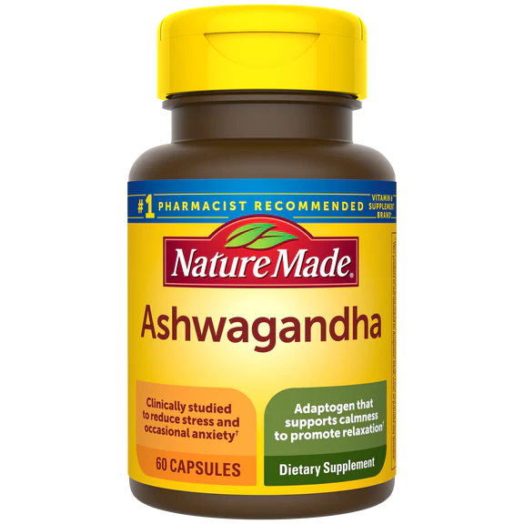 Nature Made Ashwagandha, clinically studied adaptogen for stress and occasional anxiety support, 60 capsules.