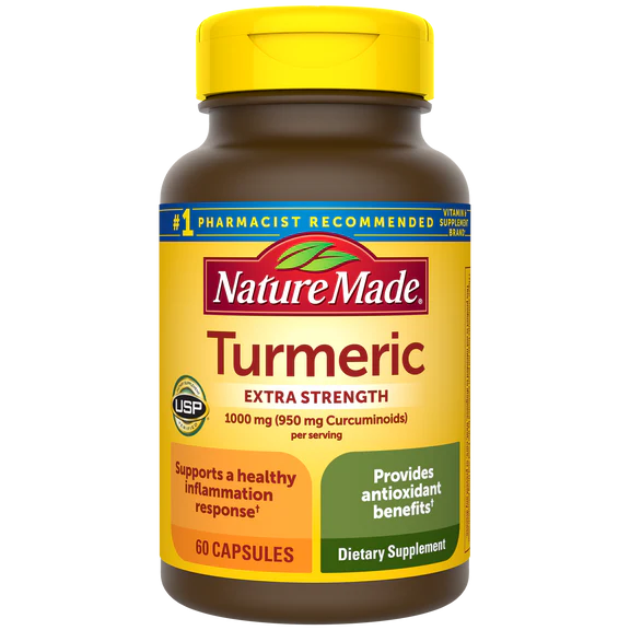 Nature Made Turmeric Extra Strength 1000 mg, supports healthy inflammation response with 950 mg curcuminoids, 60 capsules.