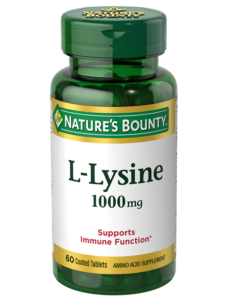 Nature’s Bounty L-Lysine 1000 mg, supports immune function with essential amino acid L-lysine, 60 coated tablets.