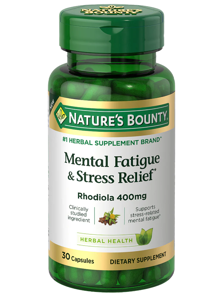 Nature’s Bounty Mental Fatigue & Stress Relief Rhodiola 400 mg, supports stress-related mental fatigue with clinically studied rhodiola, 30 capsules.