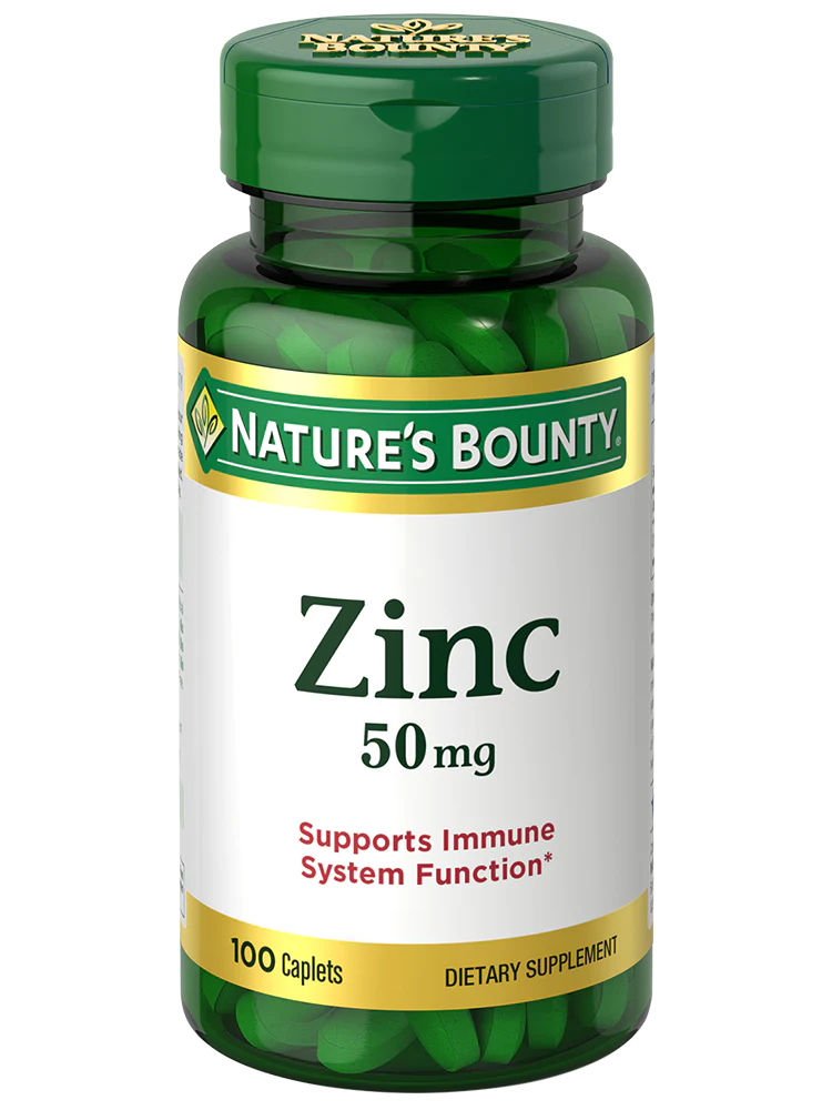 Nature’s Bounty Zinc 50 mg, supports immune system health with high-potency zinc, 100 caplets.