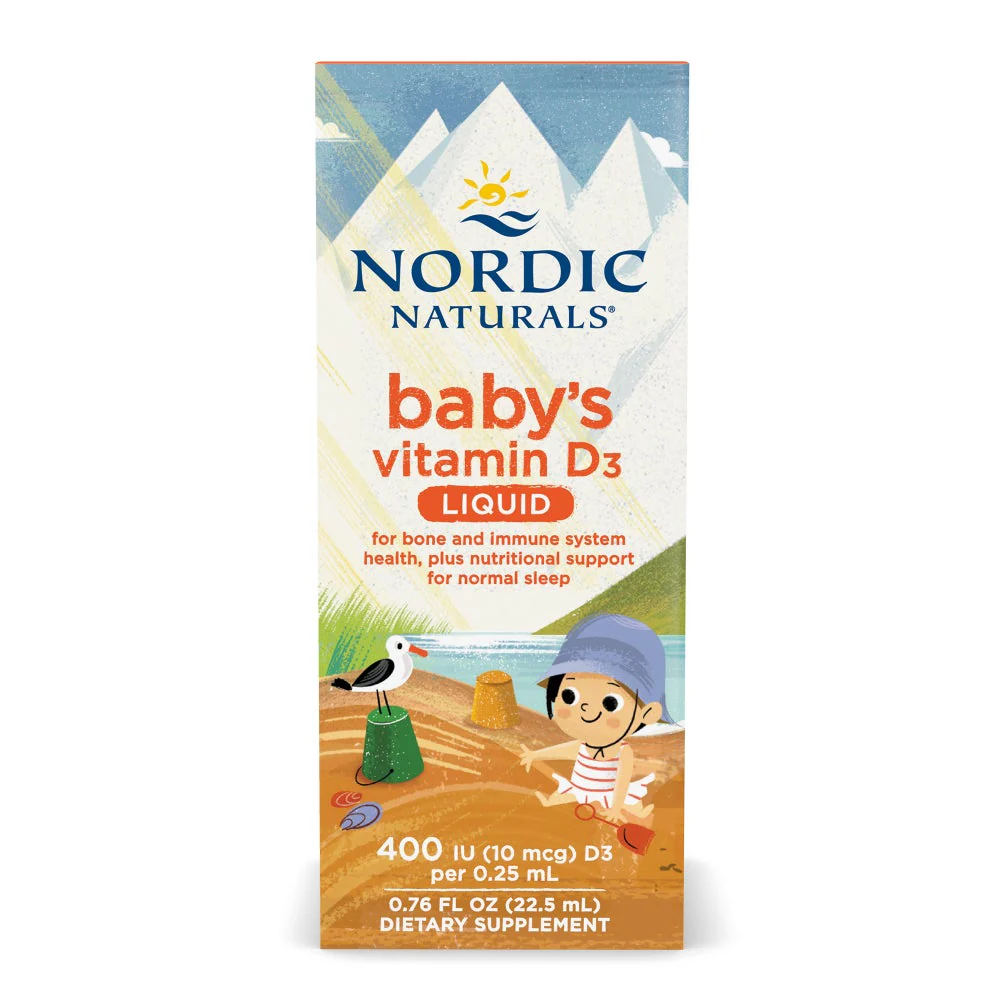Nordic Naturals Baby’s Vitamin D3 Liquid – Illustrated box with beach scene, soft pastel colors, 400 IU claim, liquid supplement bottle.