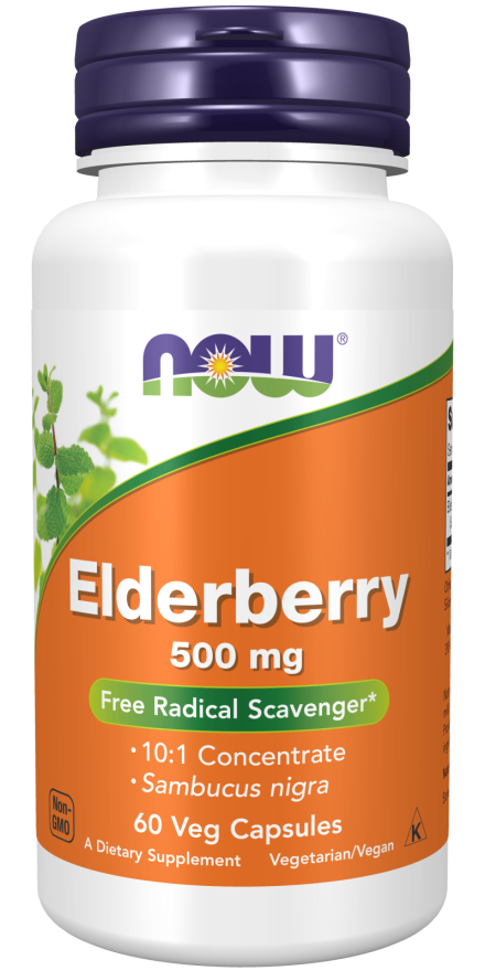 White bottle with dark purple cap, orange label with berry illustration, elderberry 500 mg, free radical scavenger, 60 vegetarian capsules.