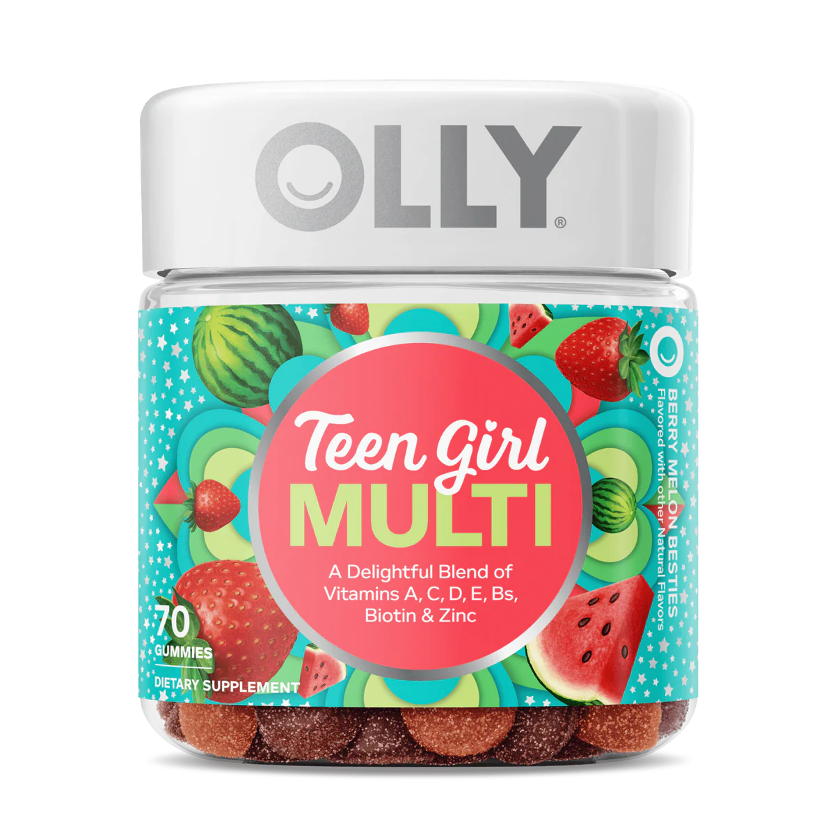 OLLY Teen Girl Multi – Clear jar with white cap, teal and pink vibrant label, fruit illustrations, multivitamin text, 70 gummies.
