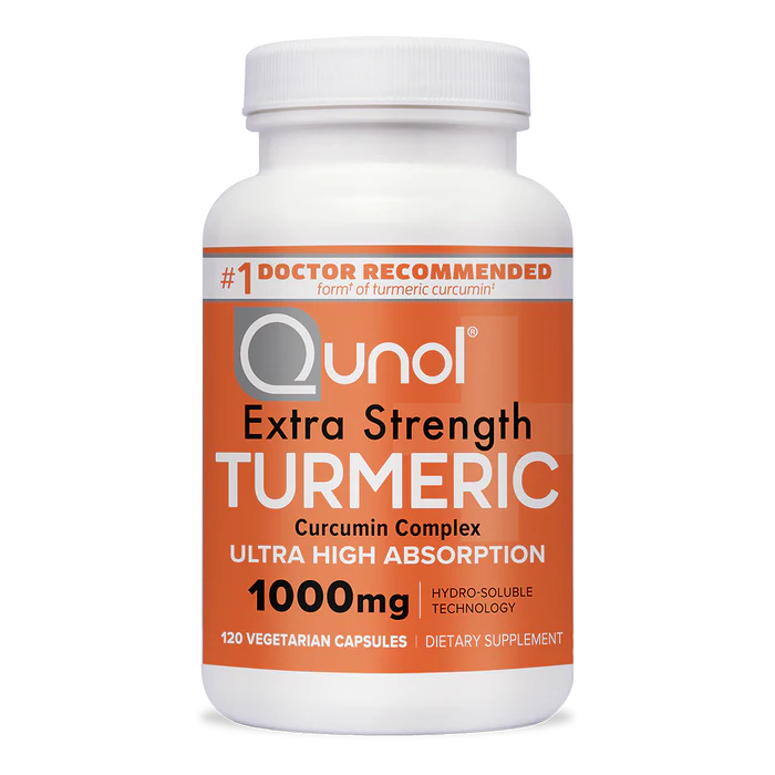 Qunol Extra Strength Turmeric 1000mg – White bottle with white cap, orange label, curcumin complex and absorption claims, 120 vegetarian capsules.