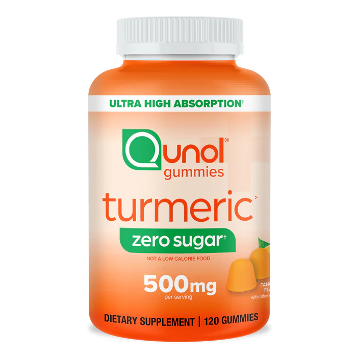 Qunol Turmeric Gummies 500mg – Orange bottle with white cap, green accent label, turmeric complex text, gummy illustrations, 60 gummies.