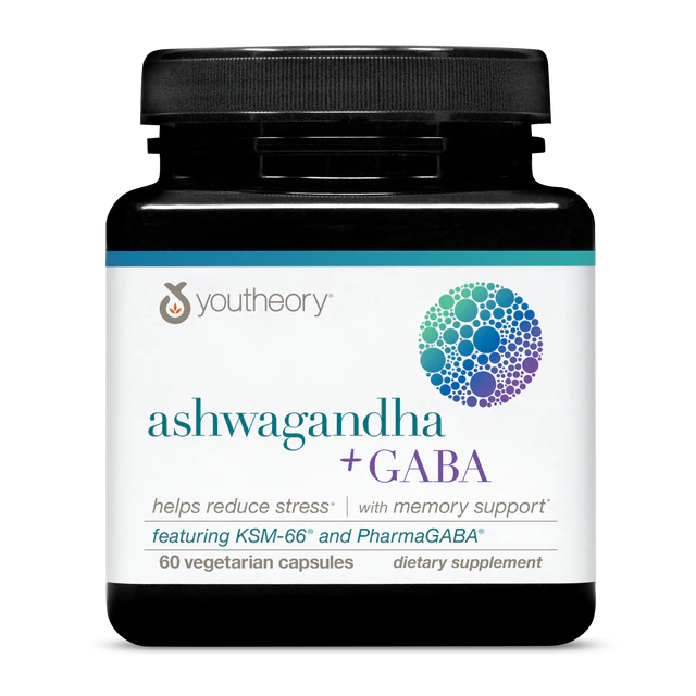 Youtheory Ashwagandha + GABA, helps reduce stress and supports memory with KSM-66 and PharmaGABA, 60 vegetarian capsules.