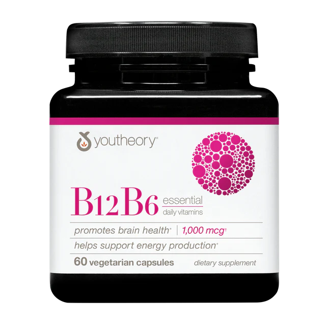 Youtheory B12B6 Essential Daily Vitamins, promotes brain health and energy support with 1,000 mcg potency, 60 vegetarian capsules.
