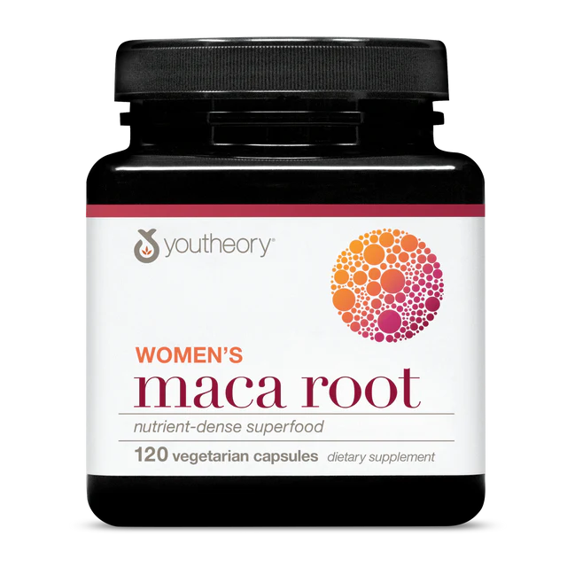 Youtheory Women’s Maca Root, nutrient-dense superfood supporting energy and hormonal balance, 120 vegetarian capsules.